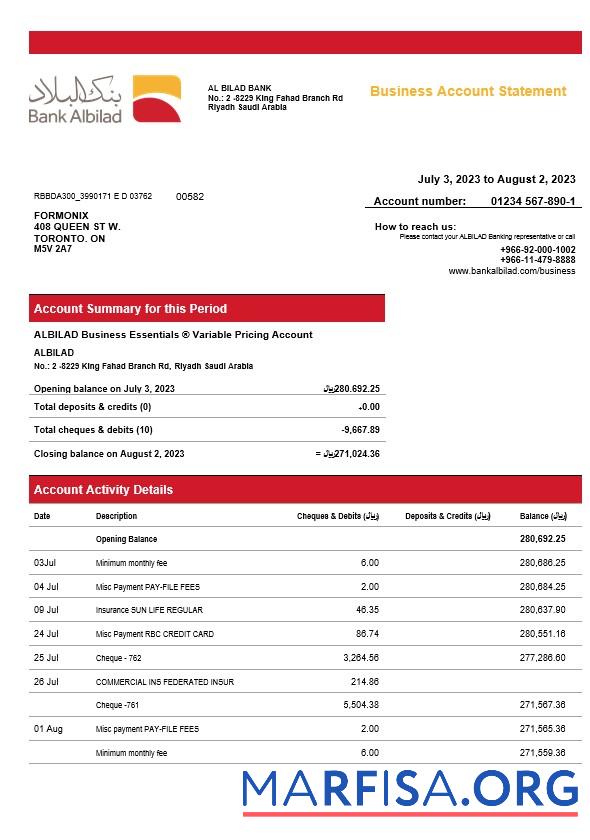 Downloadable Bank Albilad enterprise statement Word and PDF template